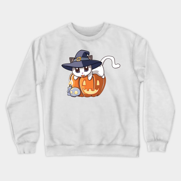 White Cat on a Pumpkin Crewneck Sweatshirt by Myanko